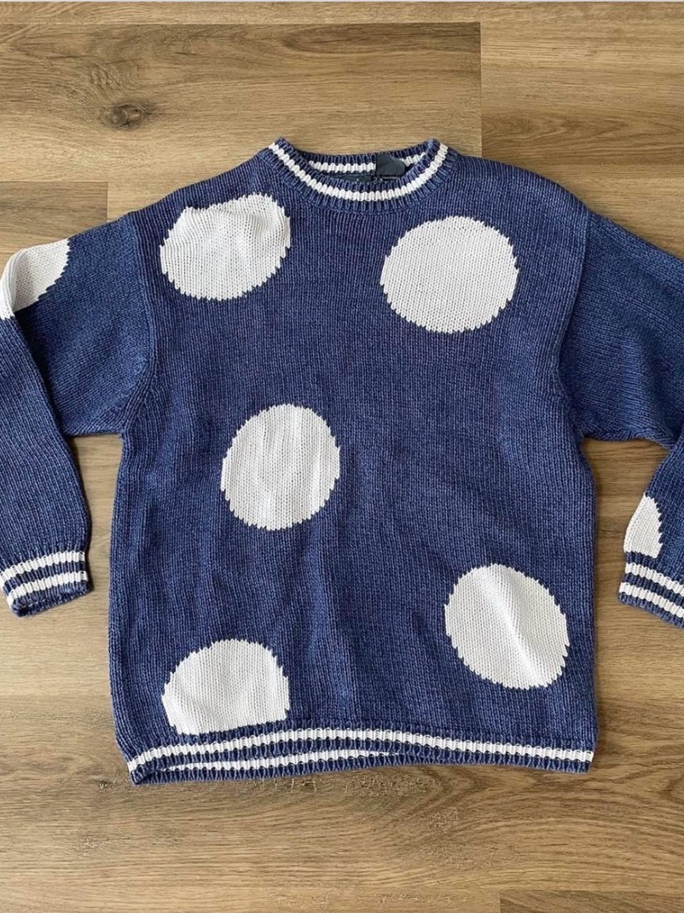 Women’s Navy Blue Polka Dot Sweater with White Accents